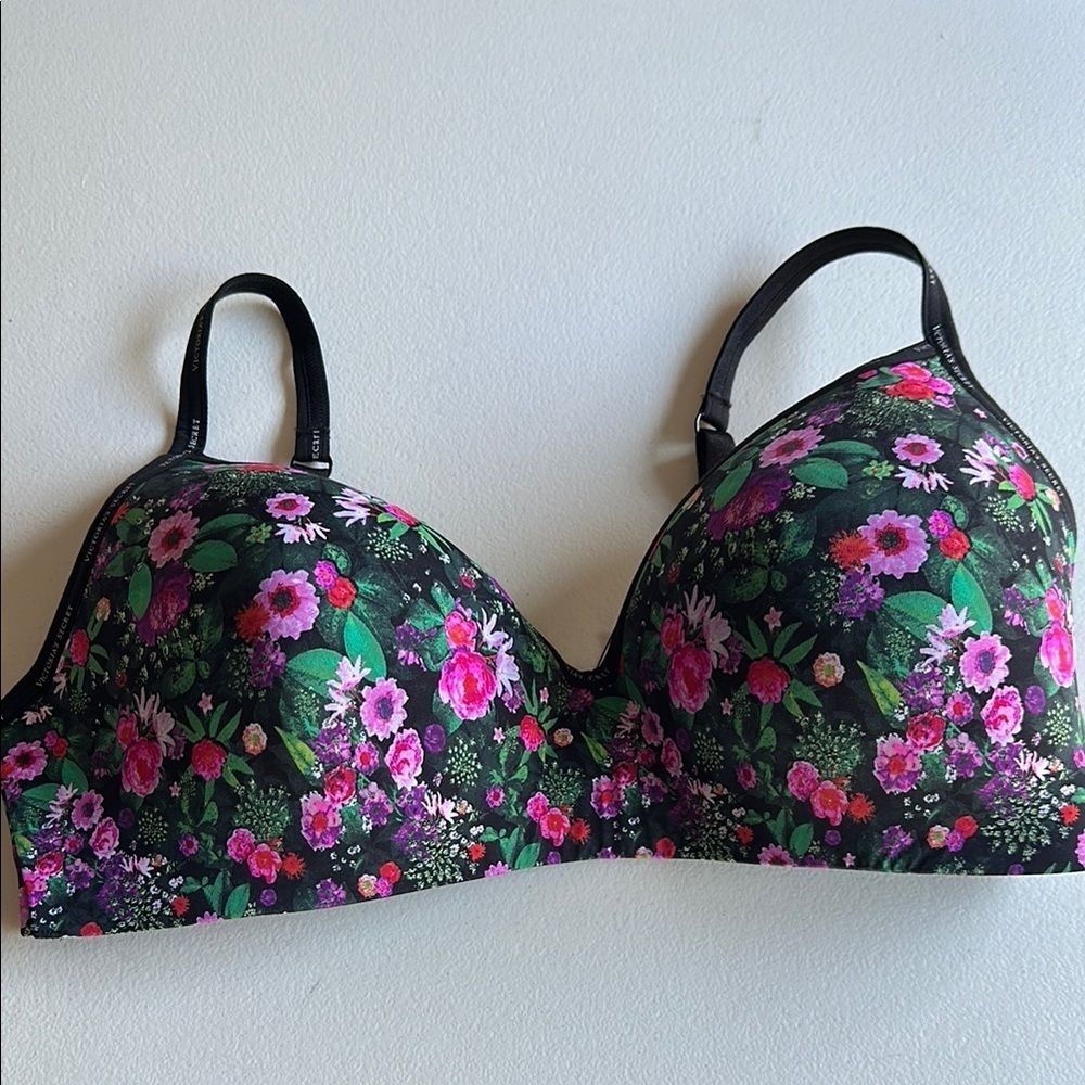 Floral Print Women's Bra - Black and Pink